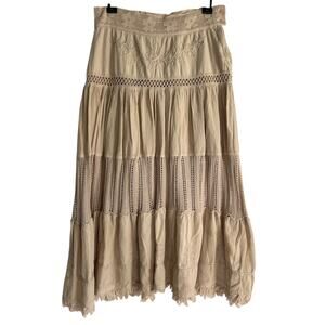 Scully Medium Peruvian Cotton Crocheted Floral Embroidered Frayed Hem Maxi Skirt